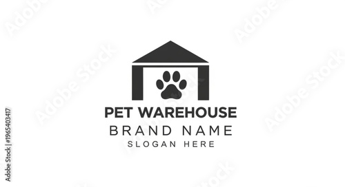 Pet Warehouse Logo Design Featuring a Paw Print Inside a Building Structure.