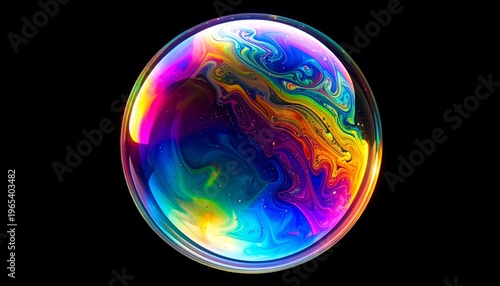 Colorful Iridescent Soap Bubble Sphere on Black Background with Swirling Patterns