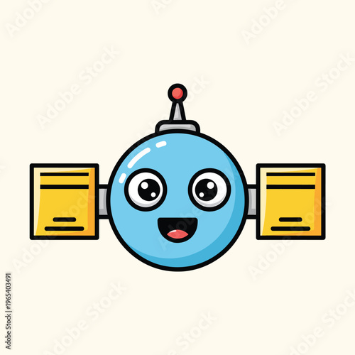 A smiling blue orbital object has yellow solar panels. The cartoon spacecraft has eyes and a red antenna. It has a cream background