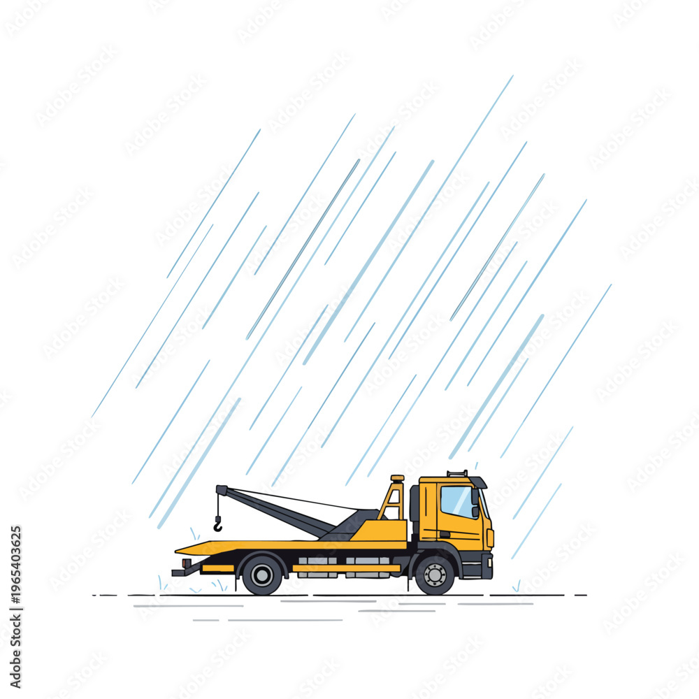 Naklejka premium Yellow towing truck vector illustration towing a vehicle during heavy rain with water drops and wet road surface