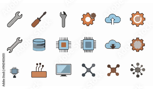 Modern engineering and IT icon grid with tools gears cloud chip computer editable stroke flat vector