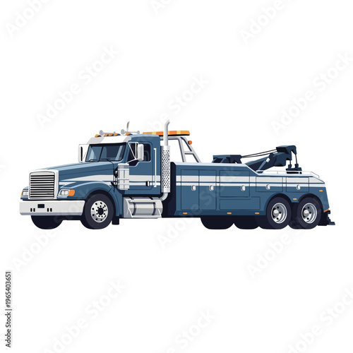 Blue towing truck vector illustration with extended boom and rotating lights on white background ready for roadside assistance