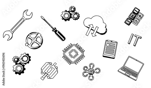 Creative engineering and technology icon collection with tools gears cloud chip and computer editable stroke vector