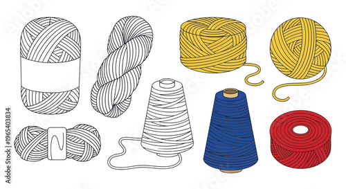 Hand-Drawn Yarn Skeins and Spools, Crafting Supplies Collection