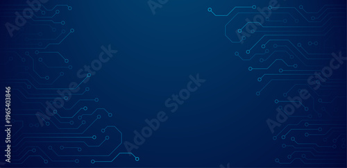 Flat blue microelectronics circuit board banner isolated on dark background. The geometric texture of modern digital technology, computer, motherboard, or high-tech technology. Vector illustration