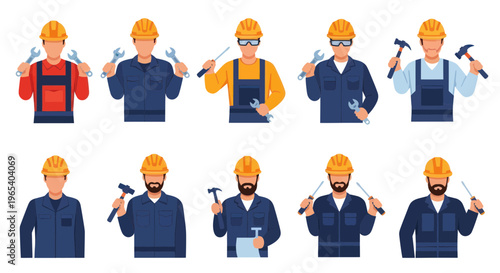 Construction Workers Holding Tools, Industrial Team, Skilled Laborers Set