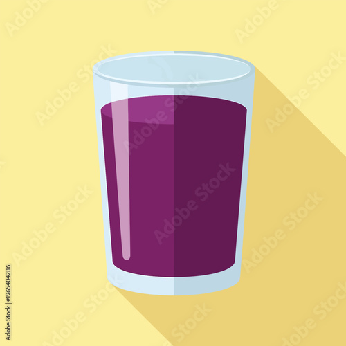 A tall, clear glass filled with a deep purple liquid, casting a long shadow on a light yellow background. Simple, flat illustration
