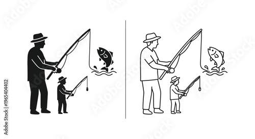 Father and son fishing together outdoors Vector