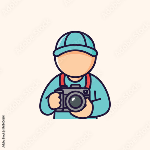 A vector illustration of a person wearing a hat and holding a camera with red straps. It's a simplistic, cartoon style, with a flat design