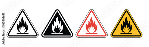 Warning fire icon collection with danger fire sign symbols, ideal for safety alerts, emergency situations, hazard communication, and professional vector illustration design projects.
