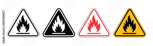 Warning fire icon set featuring danger fire sign symbol collections, designed for hazard alerts, safety communication, emergency signage, and clean modern vector illustration use.