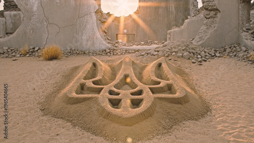 Symbolic Ukrainian Trident Sand Sculpture in War Ruins Under Golden Sun Rays, Resilience and Hope Concept