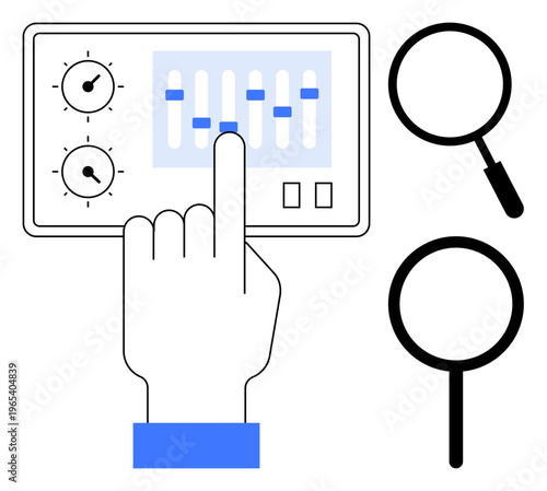 Data analysis concept. Hand using control panel for adjustments in data management. Magnifying glass emphasizing precision in data analysis. For business tools, research, optimization, user