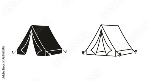 Tent camping outdoor adventure black and white line art Vector