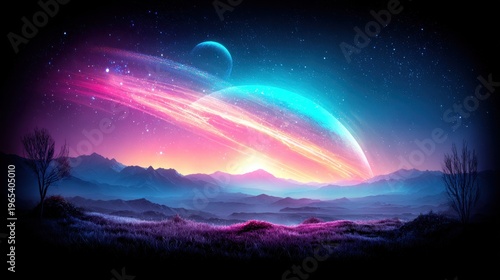 Colors and shapes in a distant galaxy at twilight with a vast sky