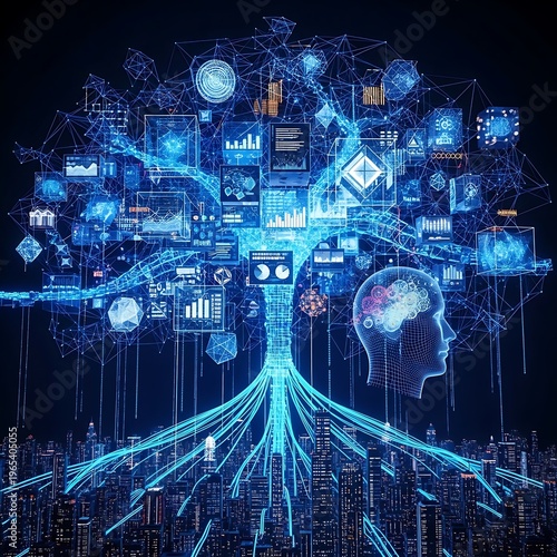 3D Big Data AI & Machine Learning Neural Network Visualization – Futuristic Technology & Data Analysis Concept