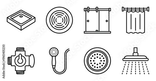 Collection of shower cabin designs, shower heads, and drainage systems for bathrooms