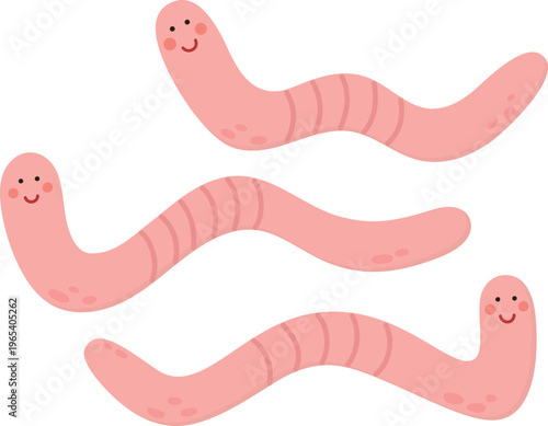 Set of earthworms isolated on white background. Illustration of funny worm characters