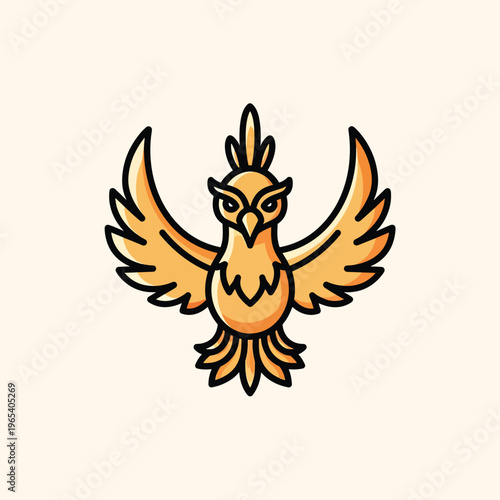 A stylized illustration depicting a golden bird with outstretched wings and sharp lines, set against a soft, creamy background