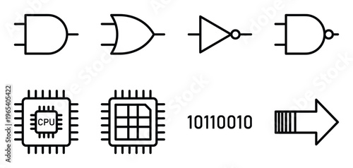 Computer components and logic gates icons for electronic hardware engineering design and technology