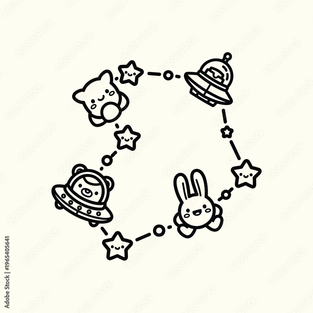 Fototapeta premium A whimsical, black-line drawing on a cream background. It features a chain of cute space-themed characters including a bear, a rabbit, and stars