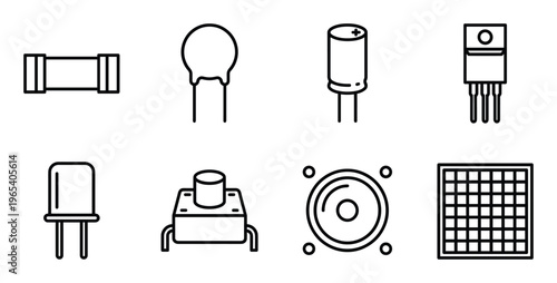 Electronic component icons showing fuse capacitor transistor speaker and grid