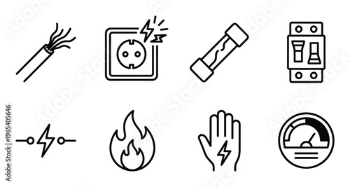 Electrical hazard warning symbols including cable socket fuse lightning and flame