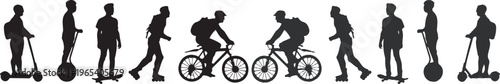 Urban micro mobility silhouette collection, people riding electric scooters and bicycles, set of 12 active commuters on skateboards and unicycles