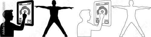 Biometric scanning technology icons, human body silhouette with digital tablet interface, motion tracking and health monitoring vector set