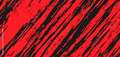 Abstract red background with irregular black paint streaks, diagonal dynamic composition, rough brush texture, modern grunge style.