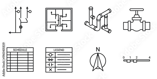 Engineering diagrams electrical plumbing water valve schedule legend compass and scale