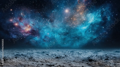 Stars shine brightly in space over a rocky landscape at night