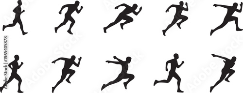 Running man silhouette set, 10 athlete sprinting poses, black male runner vector icons, sports motion and fitness exercise graphics