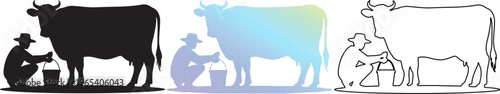 Traditional farmer milking cow silhouette set, rustic dairy farming icons in black and blue gradient, 3 vector elements for agriculture branding