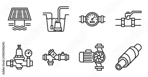 Hydraulic pump and water filtration system components line icons for industrial plumbing engineering