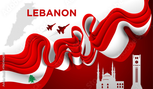 Lebanon Ribbon Flag Abstract Red White Cedar Design