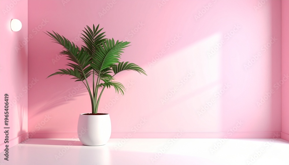 Obraz premium Minimalist Green Plant in White Pot on Pink Wall