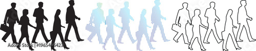 Business people walking silhouettes in black, blue gradient and outline styles, professional crowd of commuters, corporate group vector set