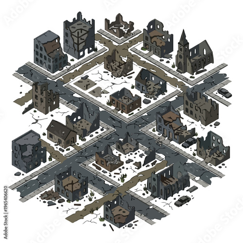 vector isometric of badly damaged buildings after the war 7