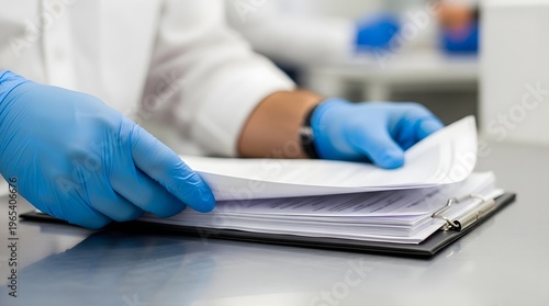 Laboratory technician wearing blue nitrile gloves reviewing scientific documents and research papers on clipboard in clinical setting or pharmaceutical facility during quality control inspection