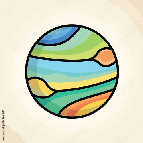 A stylized planet illustration features layered bands of various hues, from blue to yellow and orange, encased in a black outline. The background has a watercolor-like effect