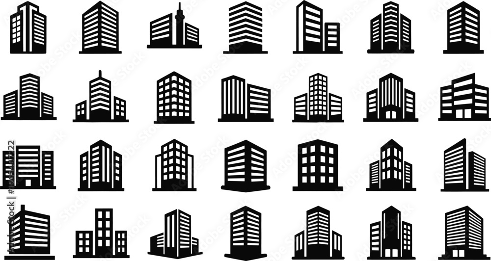Obraz premium Modern building silhouette icon collection, office tower vector artwork set, city design graphic, architecture illustration symbol, flat vector illustration