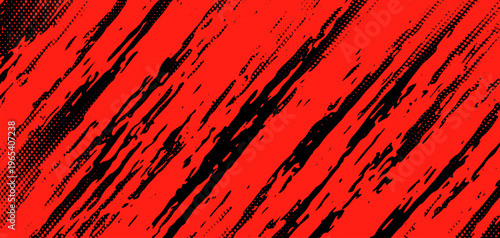 Vibrant red canvas with irregular black streak lines and dotted halftone pattern, distressed texture, dynamic diagonal flow
