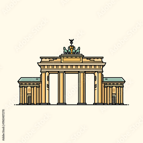 A vectorized illustration of a historical archway with pillars. A chariot and rider top the structure. Simple shapes and line art