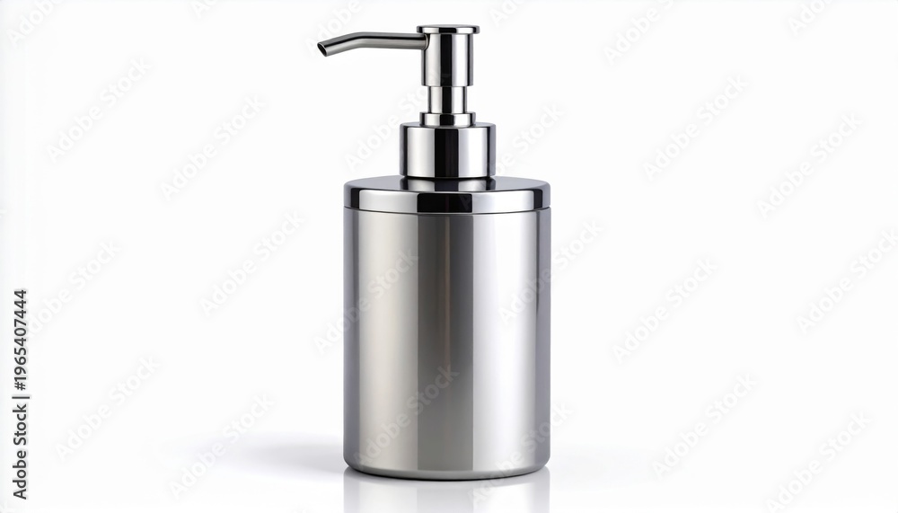 Fototapeta premium Silver Cylindrical Soap Dispenser with Pump on a White Surface