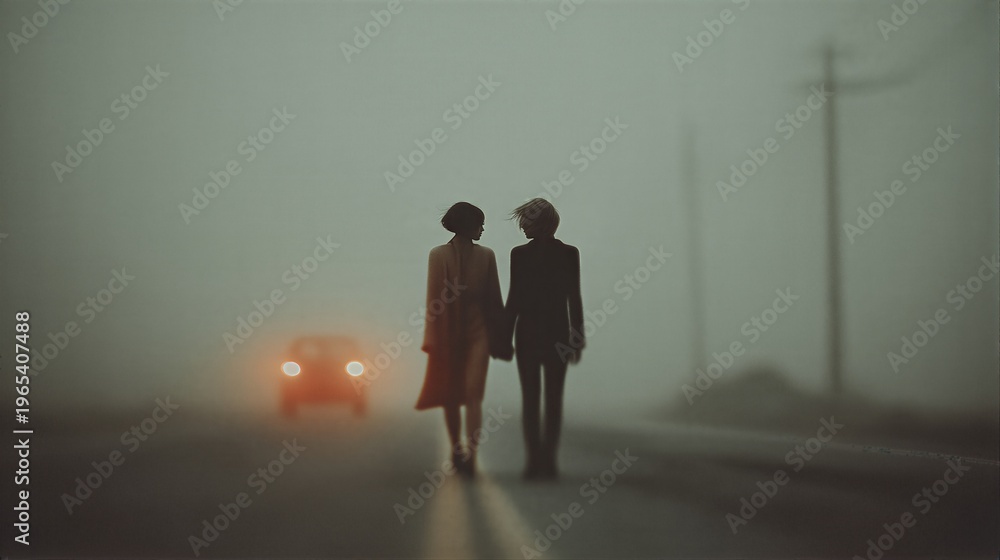 Fototapeta premium Woman and man holding hand walking on road in dense fog. Couple silhouette at night with car headlight in background. Emotional journey home, mysterious atmosphere and romantic mystery.