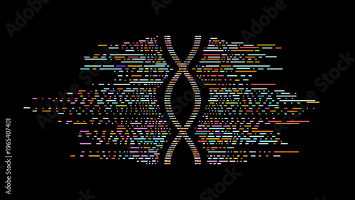Colorful DNA helix made of pixel bars and code-like lines with symmetric data wings on dark background. Futuristic vector illustration for biotech, big data, medical and science technology design