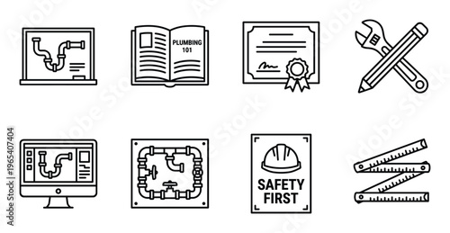 Plumbing icons for pipe system planning education and safety tools like wrench certificate and monitor