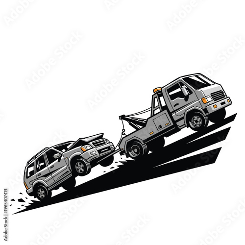 Towing truck vector illustration showing flatbed tow truck hauling a damaged SUV car on a dynamic diagonal road with motion lines