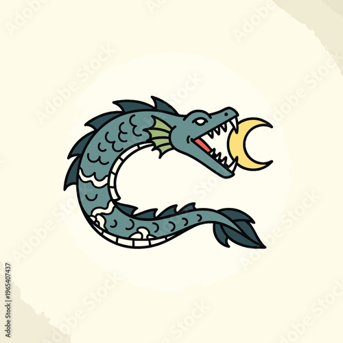A stylized sea serpent illustration in muted colors, swallowing a crescent moon. It's against a textured beige background